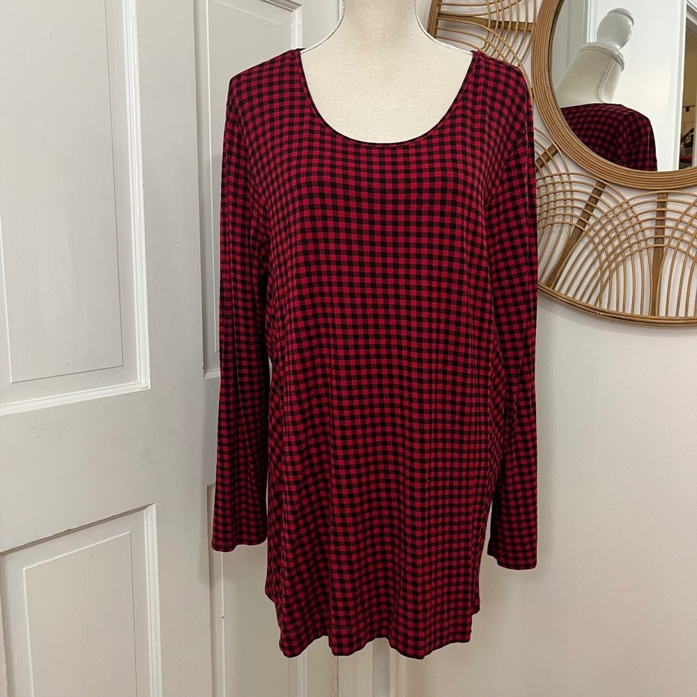 J. Jill Wearever Red Black Gingham Tunic Top XL Cabincore Holiday Travel Fall
